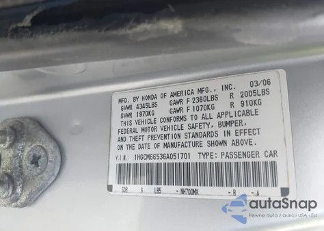 2006 Honda Accord Sdn Ex-L V6 from USA, damaged, VIN 1HGCM66536A051701